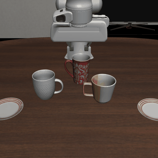 Put the white mug on the left plate and put the yellow and white mug on the right plate