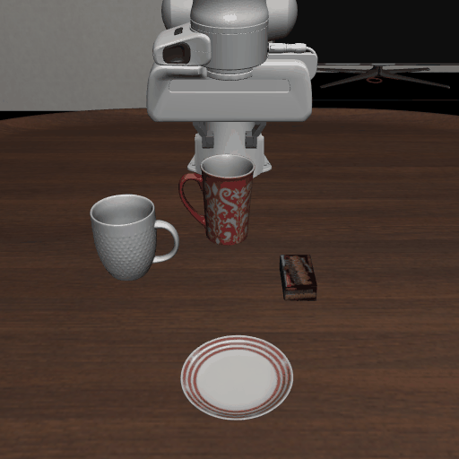 Put the white mug on the plate and put the chocolate pudding to the right of the plate